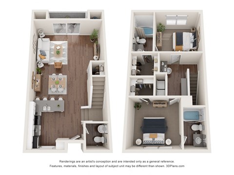 Floor plan for 2 beds, 2.5 baths, 1267 sqft